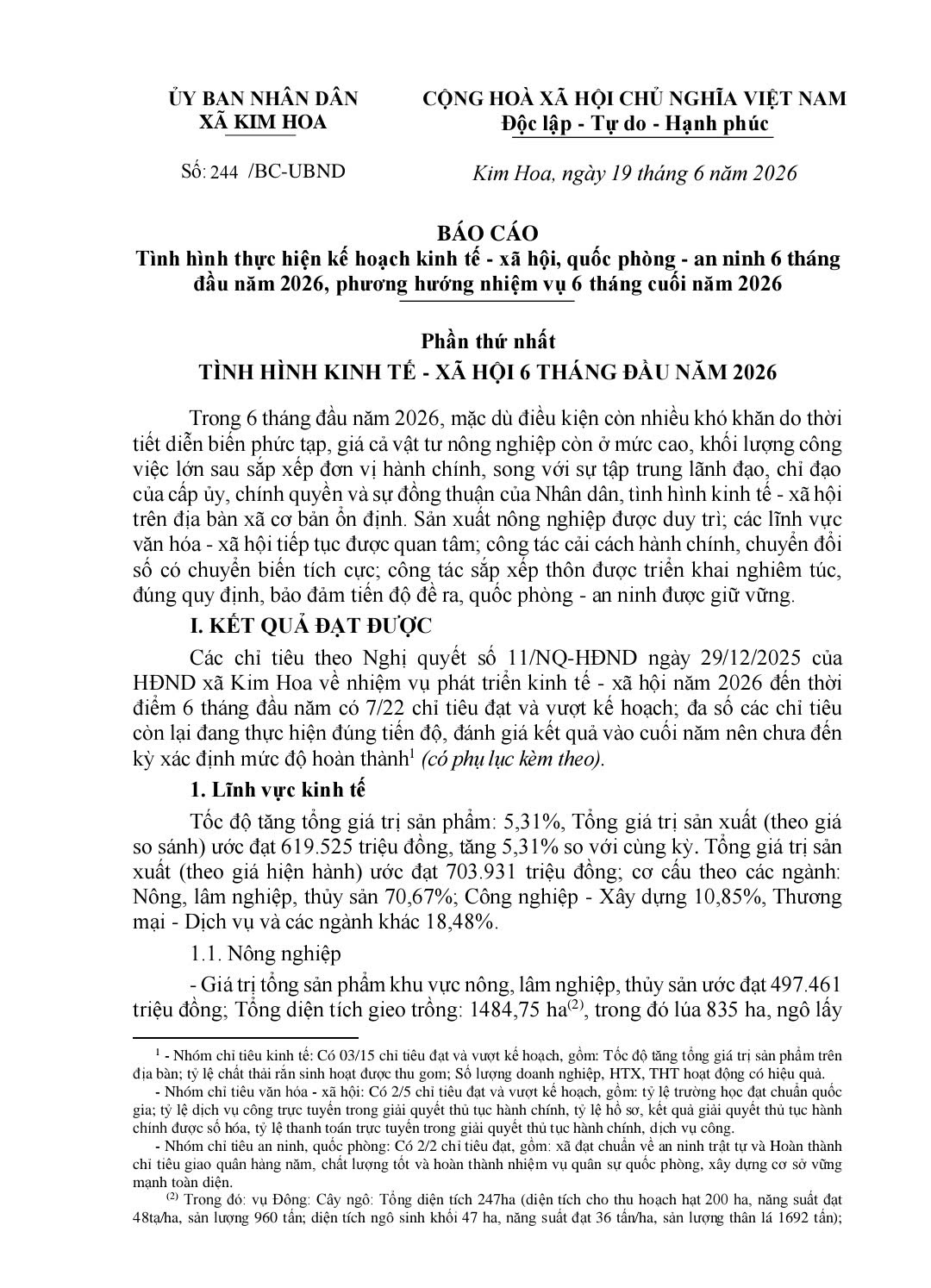 Báo cáo tình hình thực hiện kế hoạch kinh tế - xã hội, quốc phòng - an ninh 6 tháng đầu năm 2026, phương hướng nhiệm vụ 6 tháng cuối năm 2026