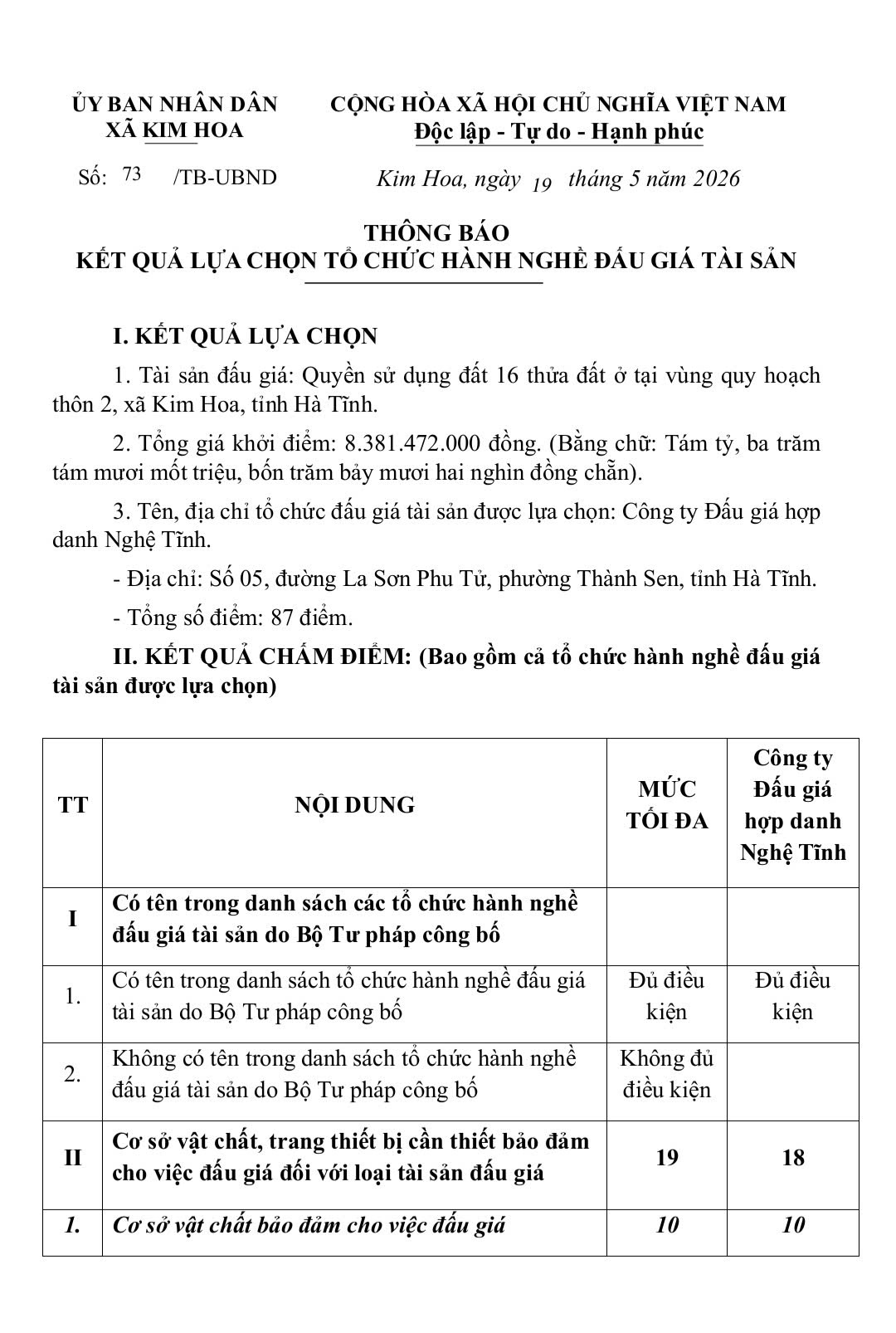 Thông báo kết quả lựa chọn tổ chức hành nghề đấu giá tài sản