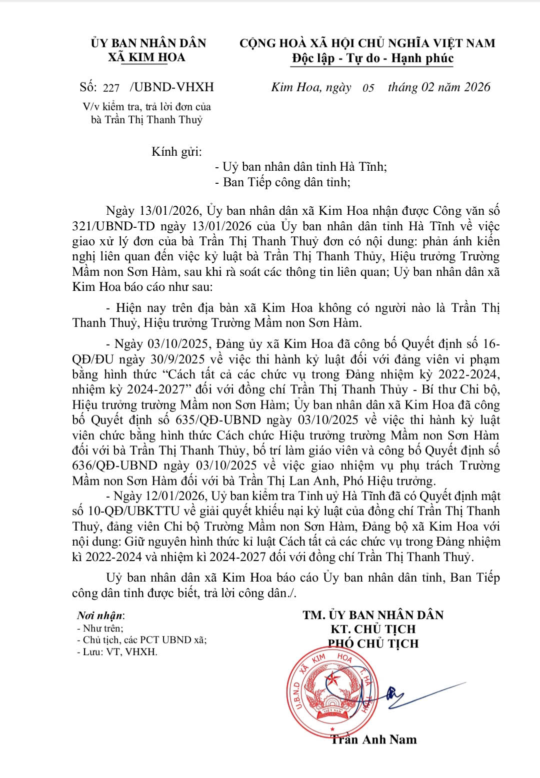 Kiểm tra, trả lời đơn của bà Trần Thị Thanh Thuỷ, giáo viên Trường MN Sơn Hàm