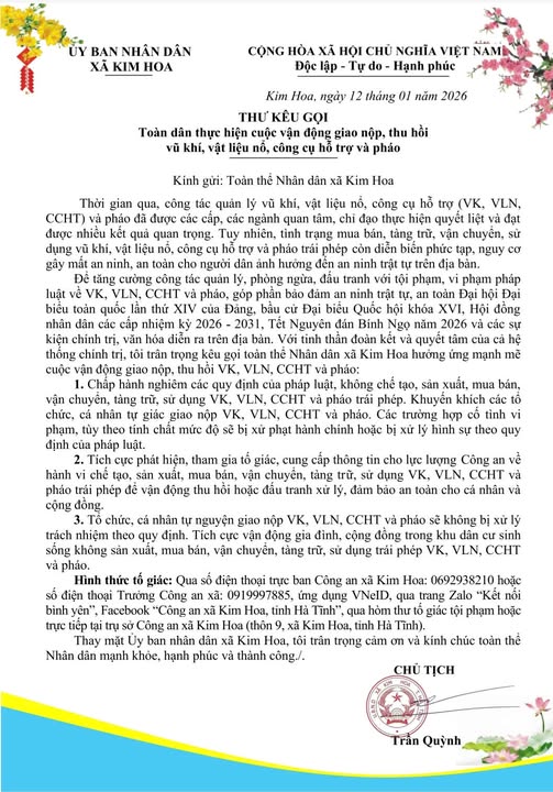 Xã Kim Hoa xiết chặt công tác quản lý vũ khí vật liệu nổ