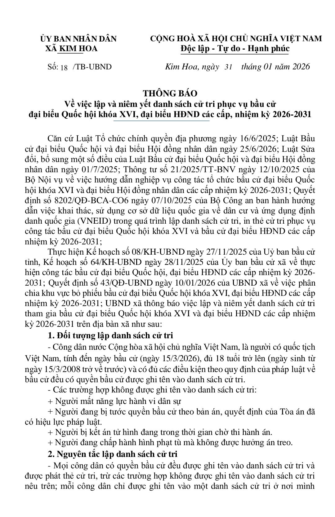 Thông báo niêm yết danh sách cử tri 